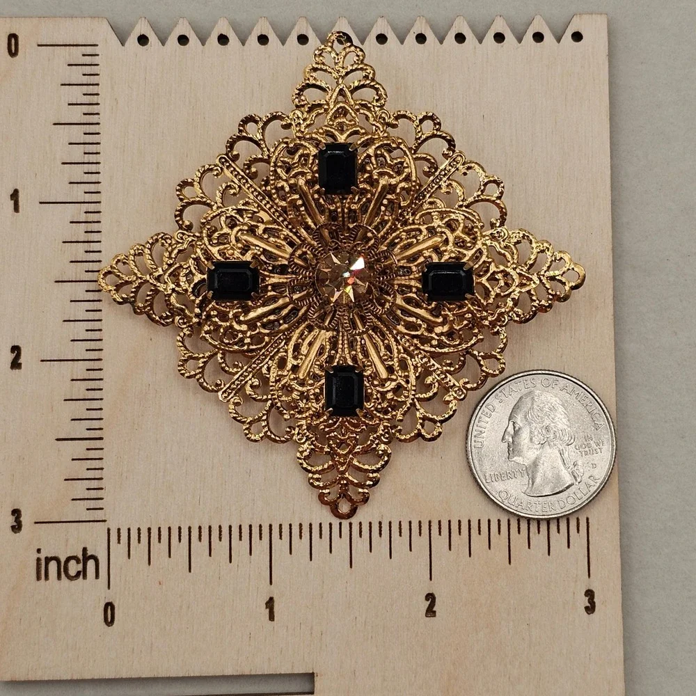 Gold‎ Tone Filigree Statement Brooch Black Rhinestone Victorian Style 3